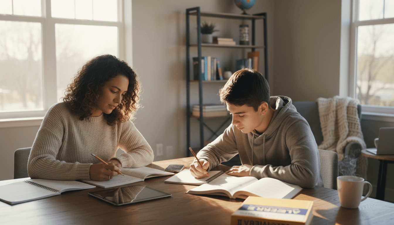 Tutor working one-on-one with a student at a table with notebooks in a bright study space