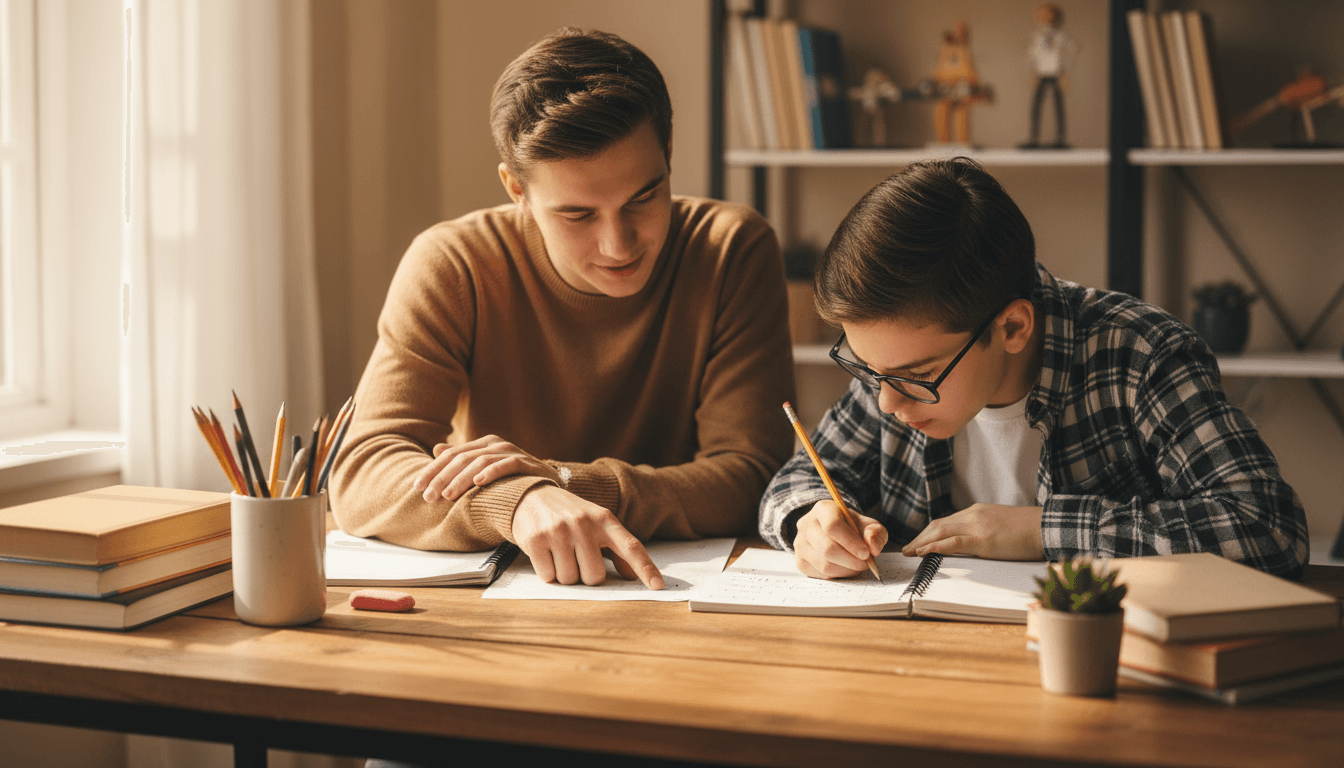 Tutor helping a student with homework at a bright desk